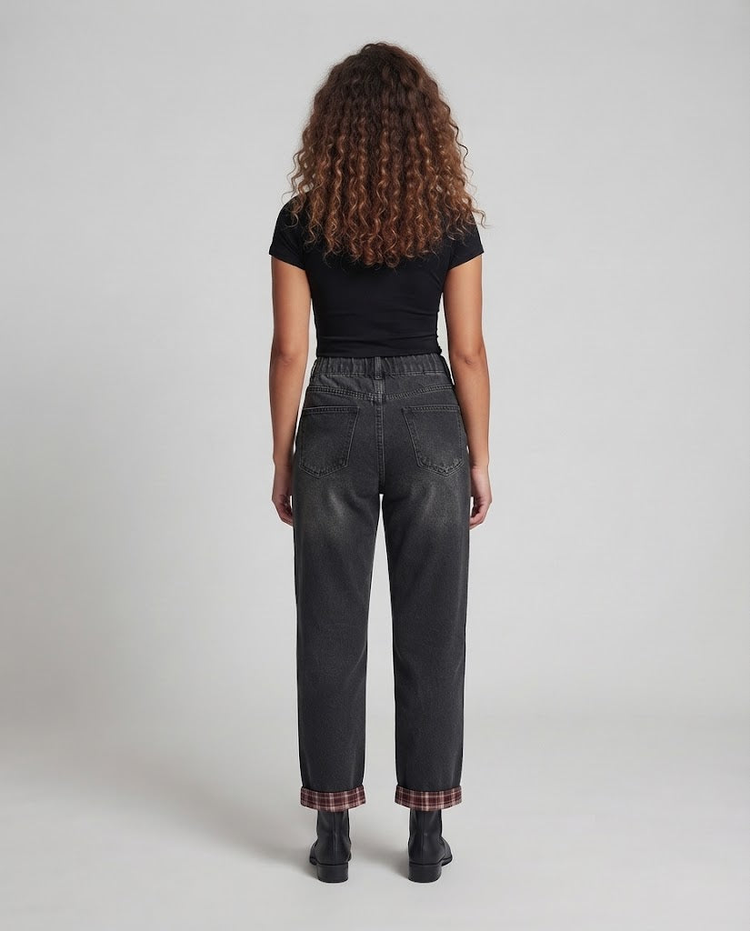 Damen Weite Denim‑Palazzohose mit gerafftem Elastikbund, geradem Bein und karierter Umschlagkante Nord Taschen
