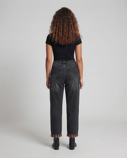Damen Weite Denim‑Palazzohose mit gerafftem Elastikbund, geradem Bein und karierter Umschlagkante Nord Taschen