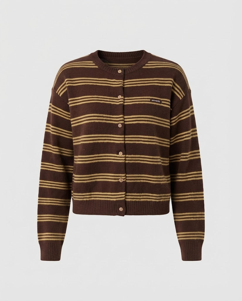 Damen Gestreifter Kurzcardigan aus weichem Feinstrick mit Rundhals Nord Taschen