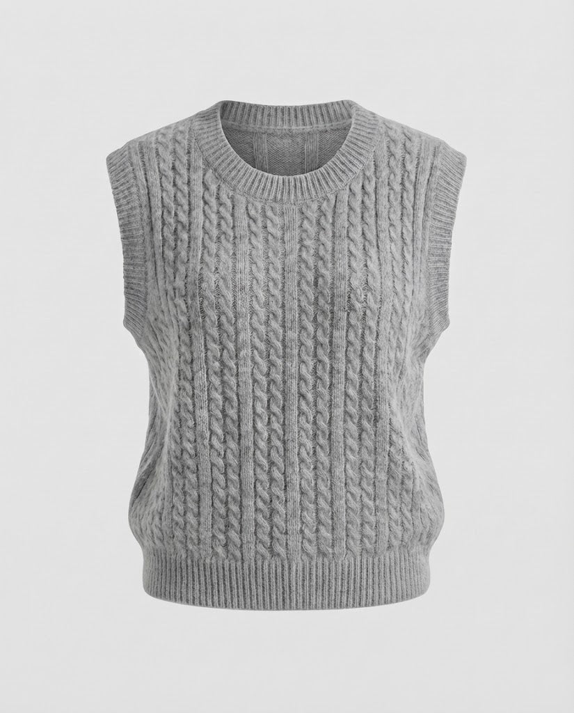 Damen Ärmellose Zopfstrick‑Weste im Mohair‑Look mit rundem Ausschnitt Nord Taschen