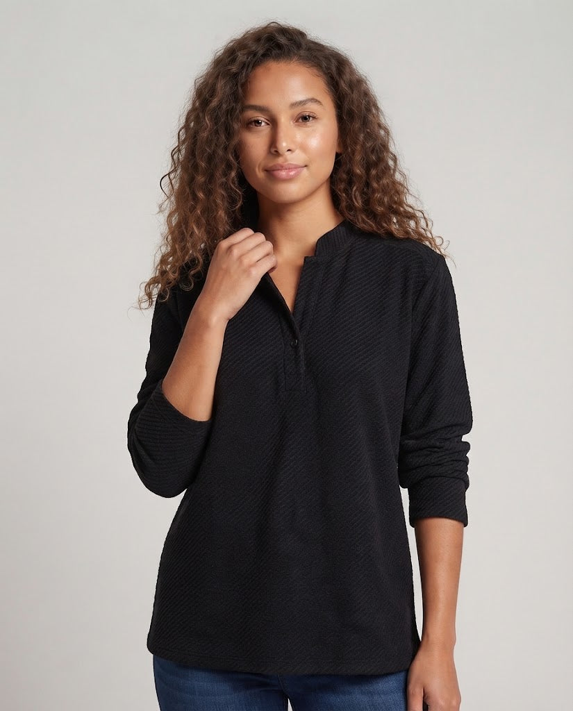 Damen Oversize Strukturiertes Stehkragen‑Tunika‑Shirt mit halber Knopfleiste Nord Taschen