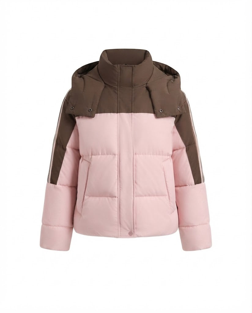 Damen kurze zweifarbige gesteppte Kurzjacke mit abnehmbarem Kragenbesatz und sportlichen Ärmelstreifen