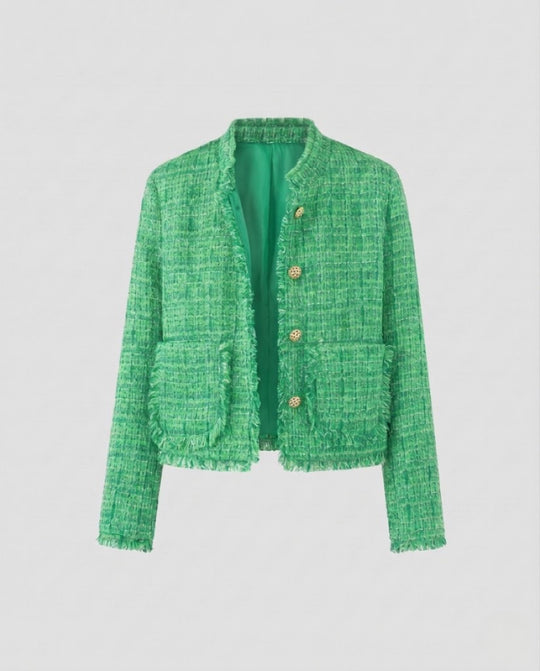 Damen Kurzjacke aus Bouclé-Tweed mit Fransen und Zierknöpfen Nord Taschen