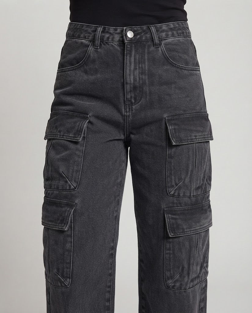 Damen Hochtaillierte Weite Denim-Cargo-Palazzohose mit Mehrfachtaschen und Vintage-Waschung Nord Taschen