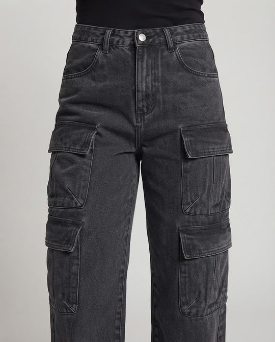 Damen Hochtaillierte Weite Denim-Cargo-Palazzohose mit Mehrfachtaschen und Vintage-Waschung Nord Taschen