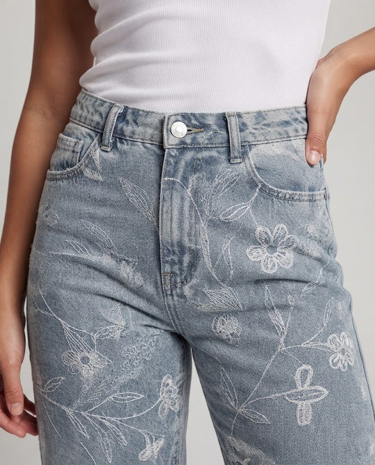 Damen Jeans mit floraler Allover‑Stickerei, geradem Bein und hoher Taille Nord Taschen