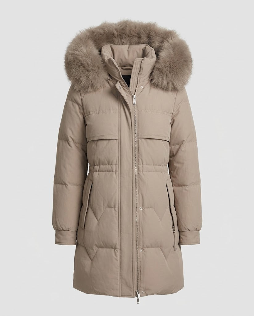 Damen Taillierter Thermo‑Parka mit abnehmbarer Kapuze und voluminösem Kunstfellkragen Nord Taschen