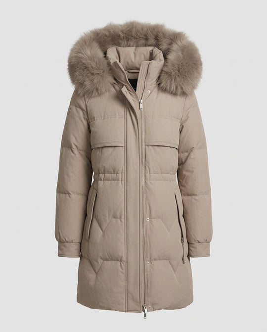 Damen Taillierter Thermo‑Parka mit abnehmbarer Kapuze und voluminösem Kunstfellkragen Nord Taschen