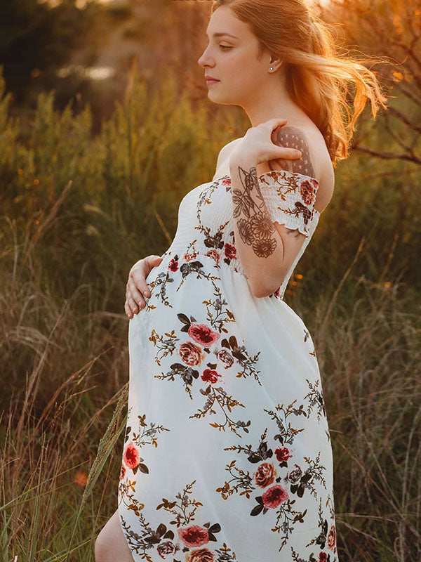 Schwangerschafts-Chaps, Midi-Kleider für Fotoshootings, Blumendruck, Bandeau-Kleid mit seitlichem Schlitz, Weiß