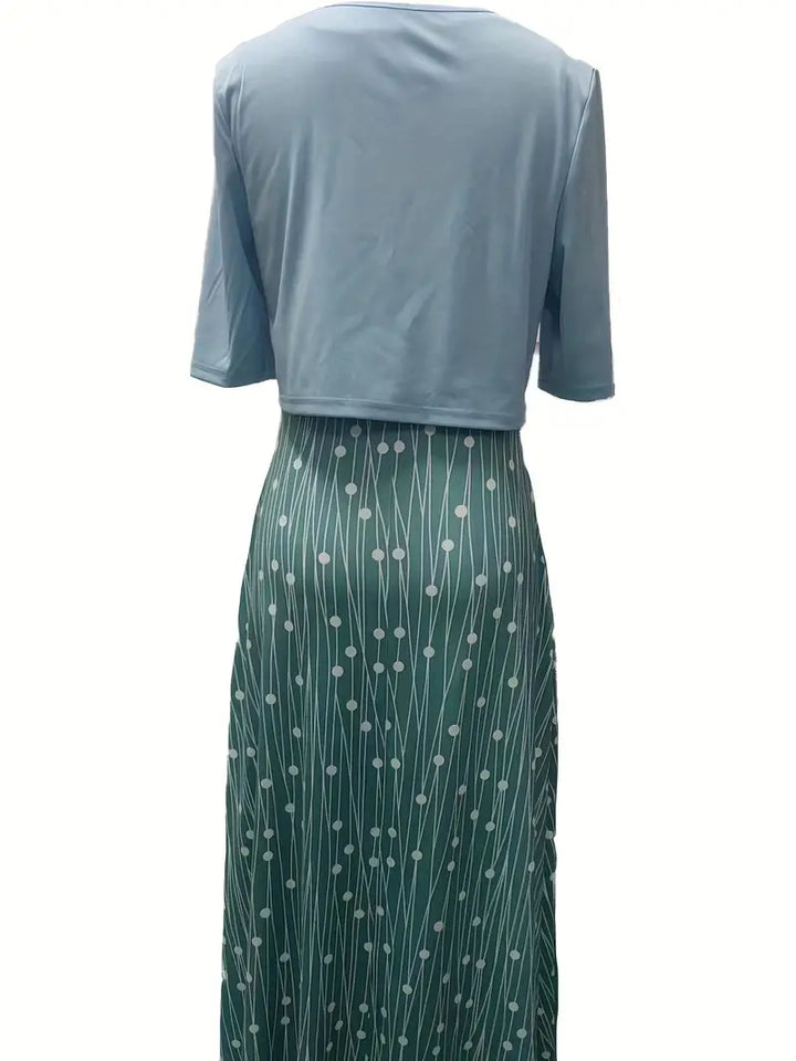 elegantes zweiteiliges Blumenkleid-Set mit einfarbigem Crop-Top und Kleid mit Rundhalsausschnitt