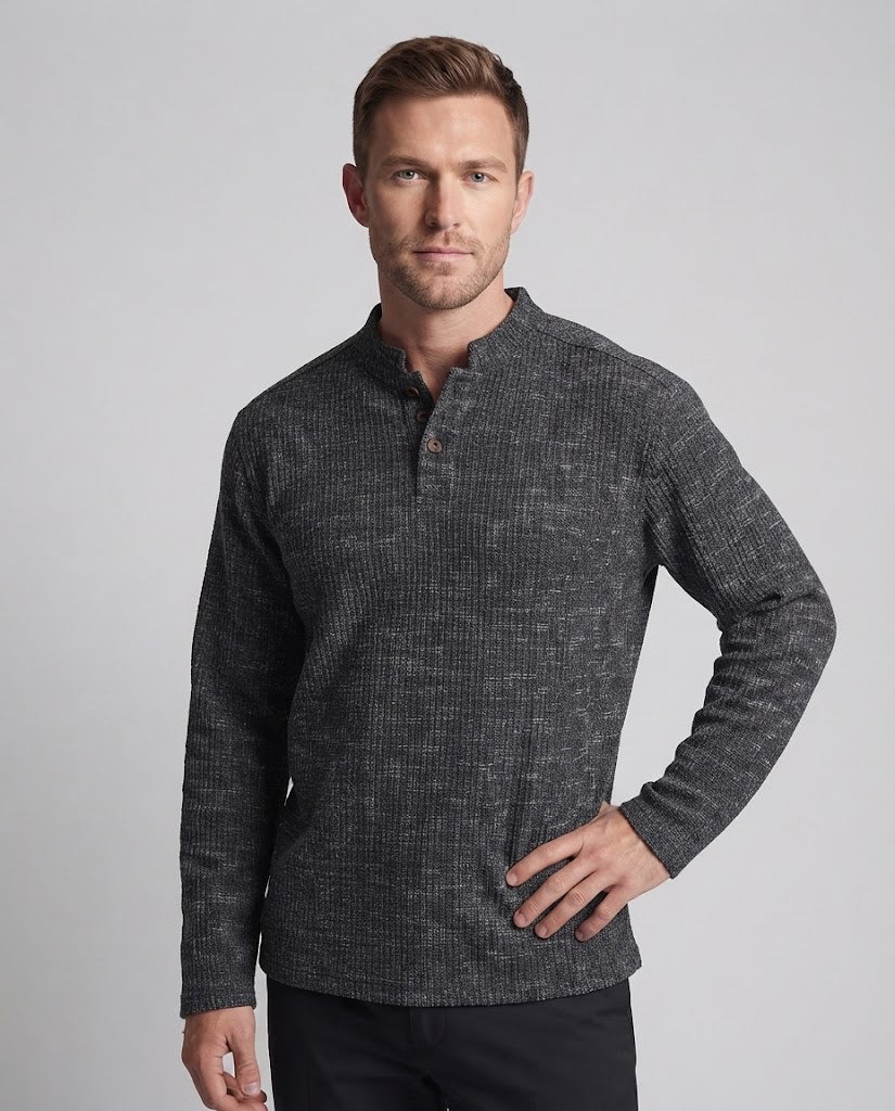 Herren strukturierter Oversize-Halbzip-Pullover mit kurzem Stehkragen und Melange-Optik Nord Taschen