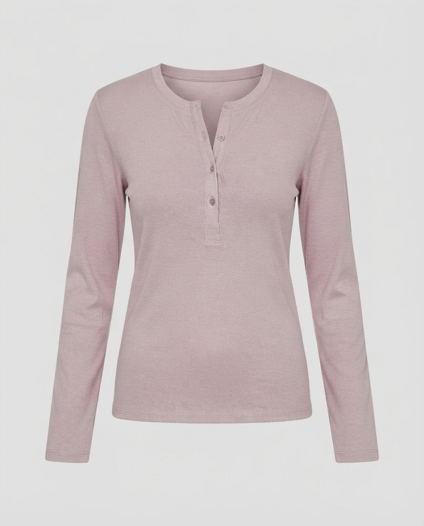 Damen Leichtes Langarm-Henleyshirt aus Bio-Baumwolle mit Knopfleiste Nord Taschen