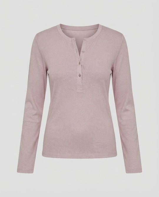 Damen Leichtes Langarm-Henleyshirt aus Bio-Baumwolle mit Knopfleiste Nord Taschen