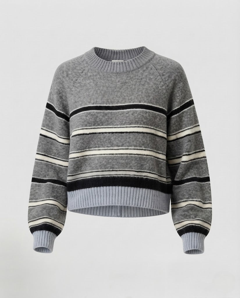 Damen Gestreifter Feinstrick-Pullover mit Raglanärmeln und geripptem Saum Nord Taschen