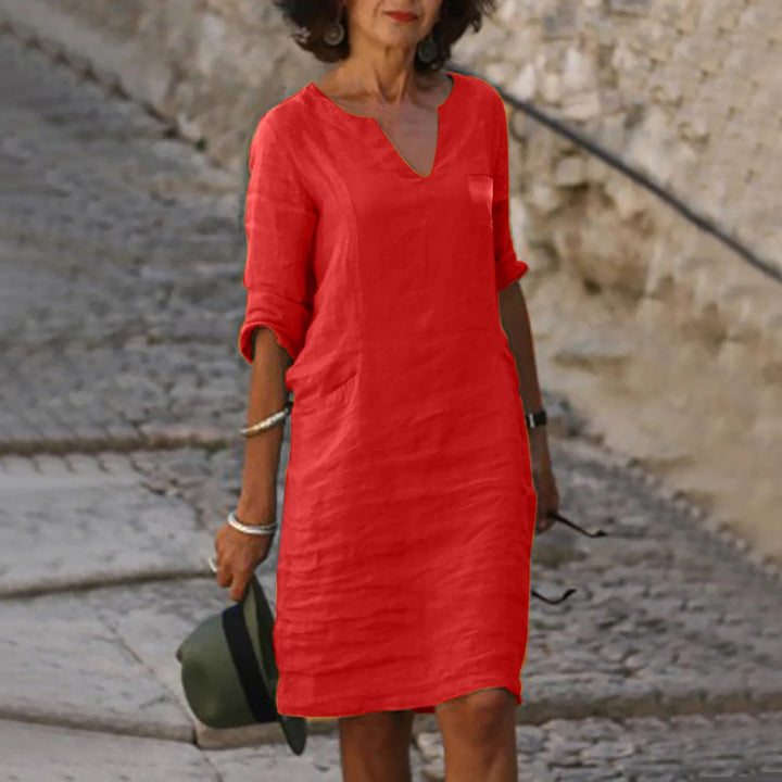 Rona Leinen Shiftkleid mit V-Ausschnitt und Taschen