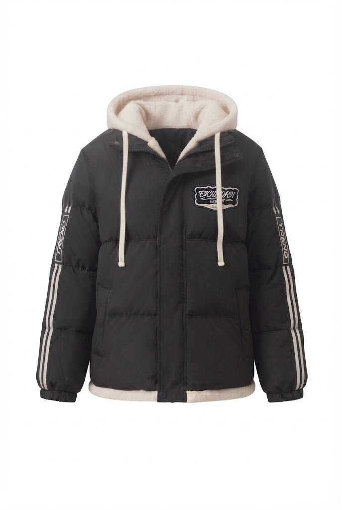 Damen trendige gesteppte Kapuzenjacke mit hochwertiger Teddy-Innenkonstruktion und sportlichen gestreiften Ärmeln