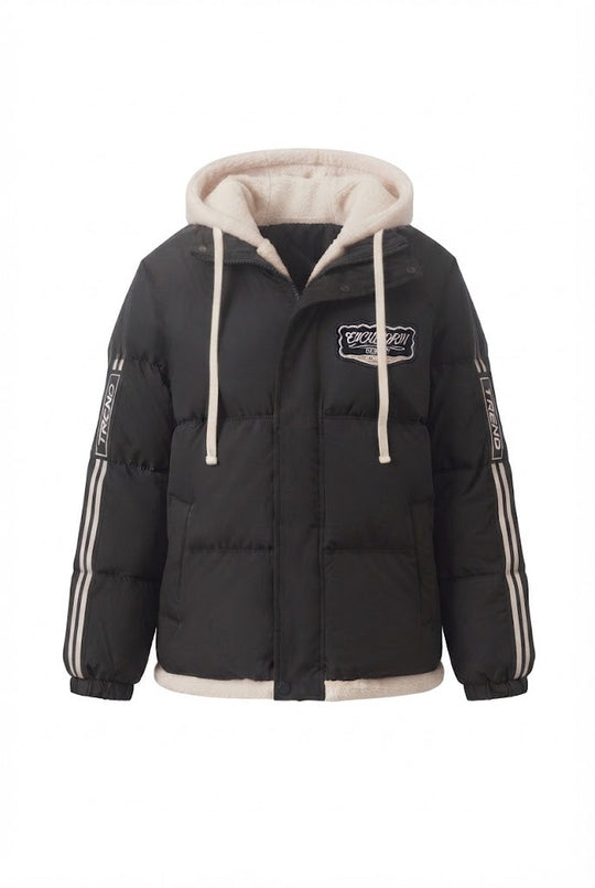 Damen trendige gesteppte Kapuzenjacke mit hochwertiger Teddy-Innenkonstruktion und sportlichen gestreiften Ärmeln