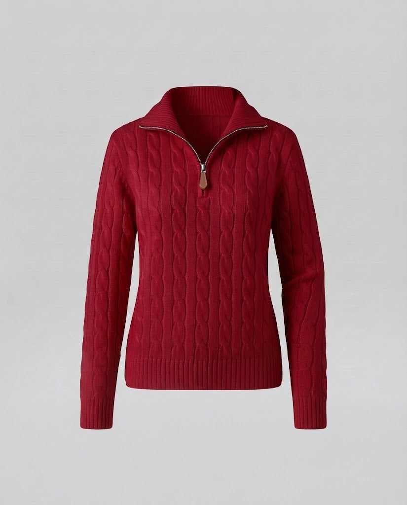 Damen Kabelstrick-Pullover mit halbem Reißverschluss und Stehkragen Nord Taschen