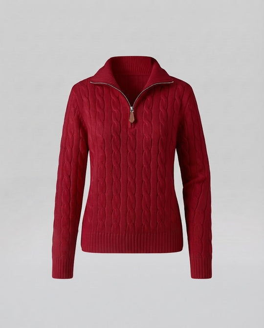 Damen Kabelstrick-Pullover mit halbem Reißverschluss und Stehkragen Nord Taschen