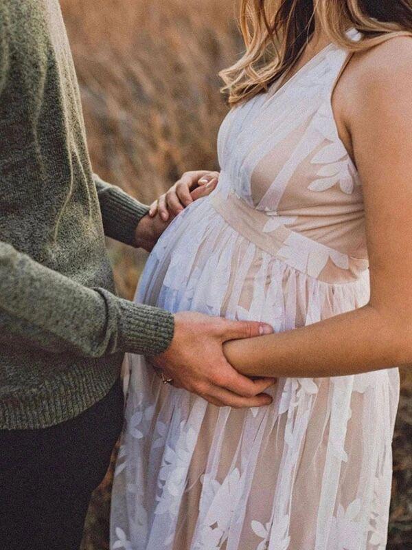 Fashion Fotoshooting-Kleider, Bohemian-Stil, Babyparty, Spitze, Tüll, V-Ausschnitt, Umstandsmode, Weiß, Maxi - Vittorelli