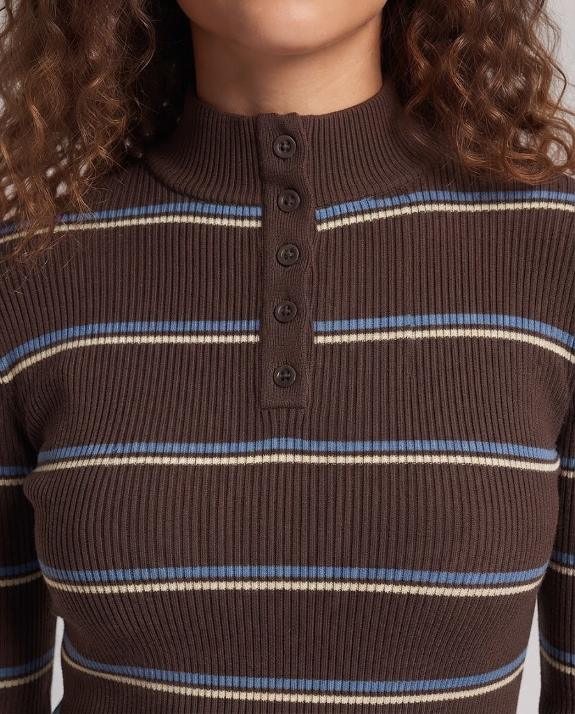 Damen Gestreifter Rippstrick-Pullover mit Stehkragen, Knopfleiste und Kontrastbündchen Nord Taschen