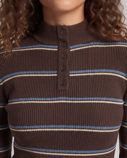 Damen Gestreifter Rippstrick-Pullover mit Stehkragen, Knopfleiste und Kontrastbündchen Nord Taschen