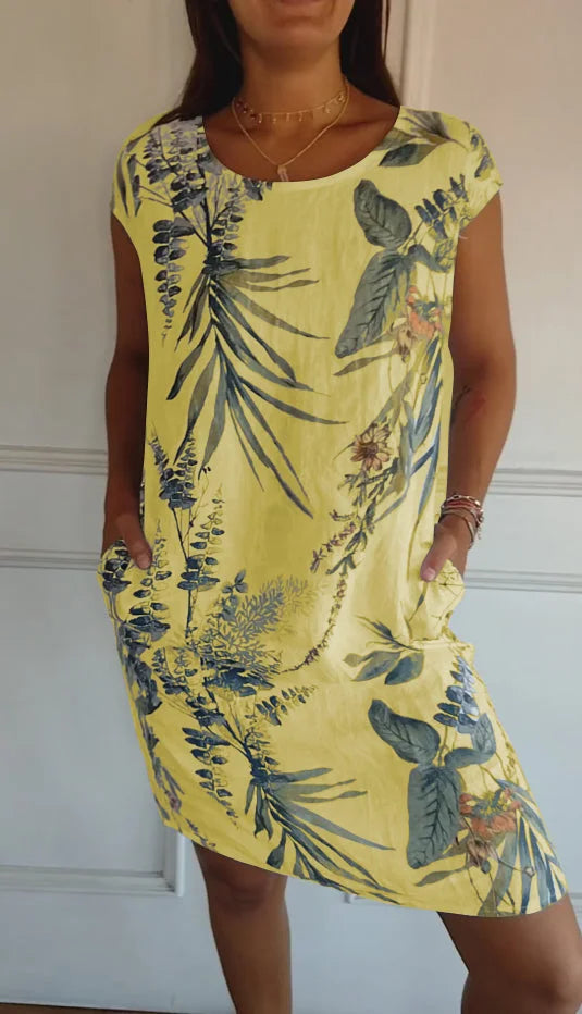 Damen Bedrucktes Baumwoll- und Leinenkleid