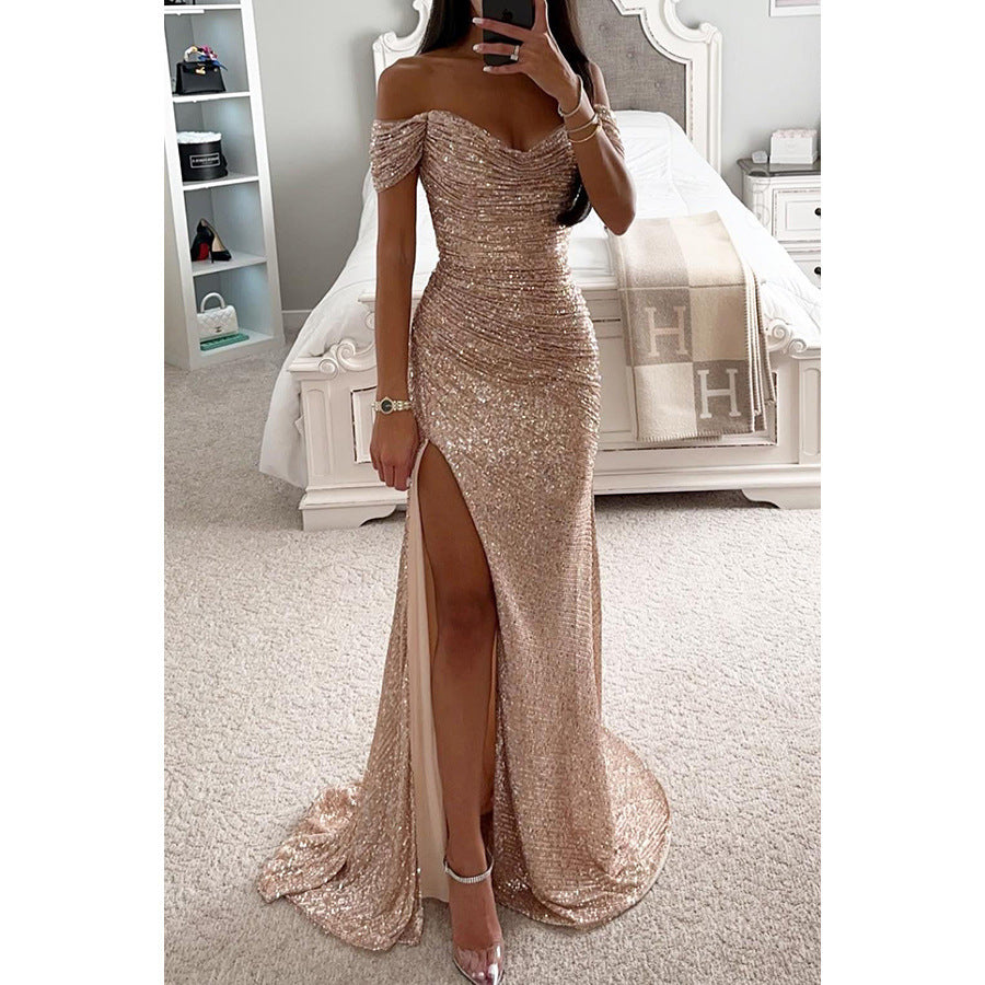 Glitzerndes Damen Abendkleid Schulterfreies Maxikleid mit Schlitz für Hochzeit & Fest | Nord Taschen
