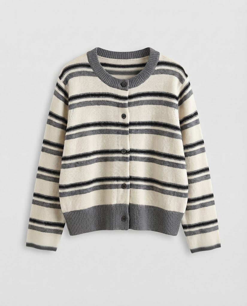 Damen Gestreifter Kurzcardigan im Retro‑College‑Look aus softem Wollmix mit Kontrastbündchen Nord Taschen