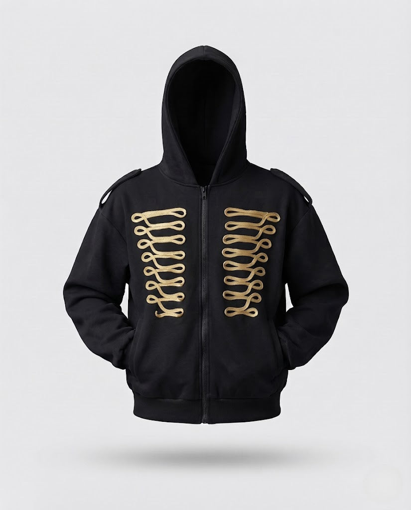 Herren Kapuzenjacke mit durchgehendem Reißverschluss und goldener Parade-Stickerei Nord Taschen