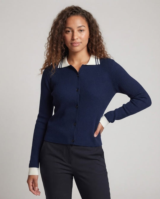Damen Feinstrick-Cardigan mit Polokragen und kontrastierenden Bündchen Nord Taschen