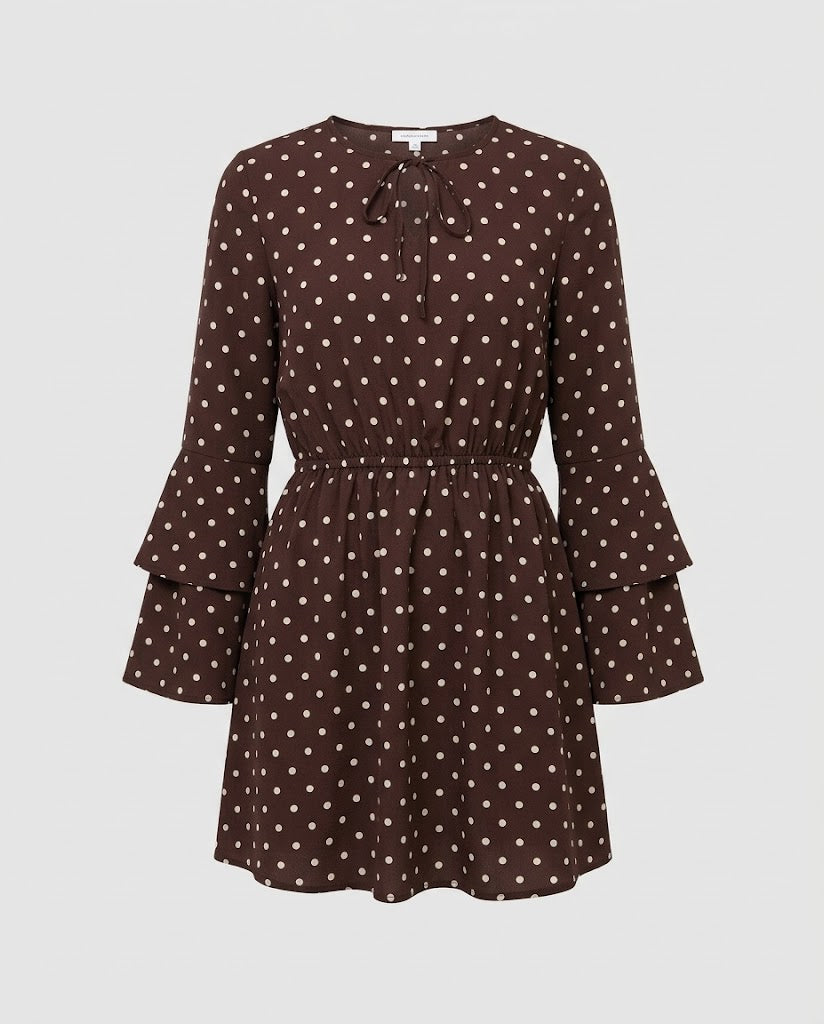 Damen Gepunktetes Mini-Kleid mit Taillengummi, Bindeschleife und Glockenärmeln Nord Taschen