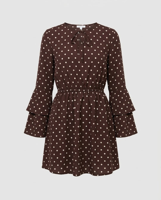 Damen Gepunktetes Mini-Kleid mit Taillengummi, Bindeschleife und Glockenärmeln Nord Taschen