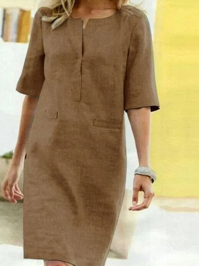 Damen Kurzarm Baumwolle und Leinen Kleid