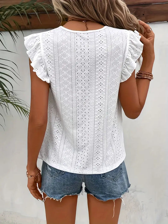 vintage-t-shirt mit rundhalsausschnitt und rüschenbesatz