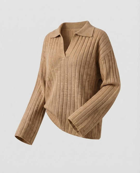 Damen Grobgerippter Wollmix-Pullover mit Polokragen und weiten Ärmeln Nord Taschen