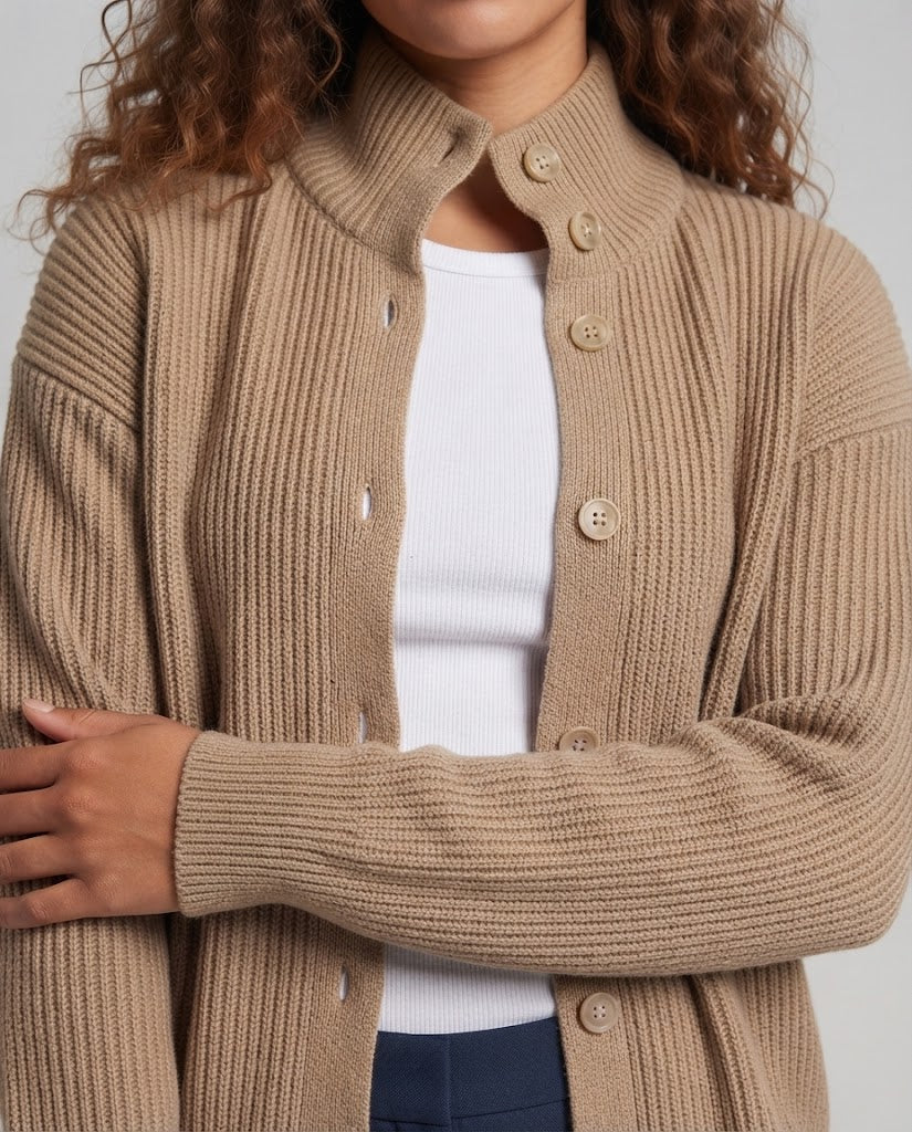 Damen Gerippte Oversize-Strickjacke mit hohem Stehkragen und durchgehender Knopfleiste Nord Taschen