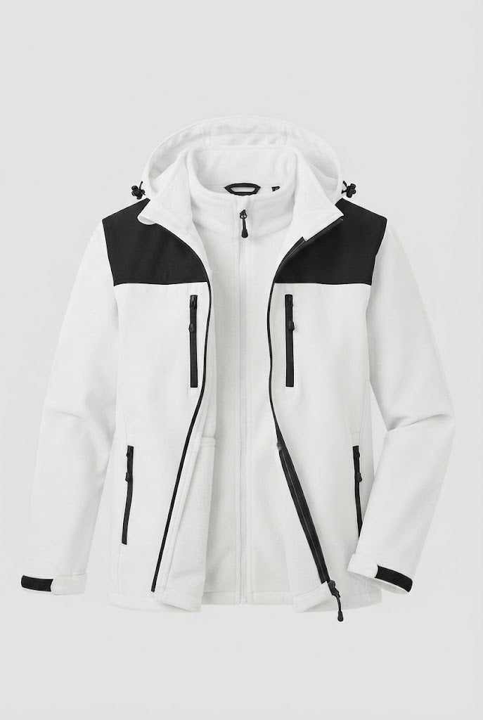 Herren Zwei-Lagen Softshell Outdoor-Jacke mit herausnehmbarer Fleece-Innenjacke und Kapuze Nord Taschen