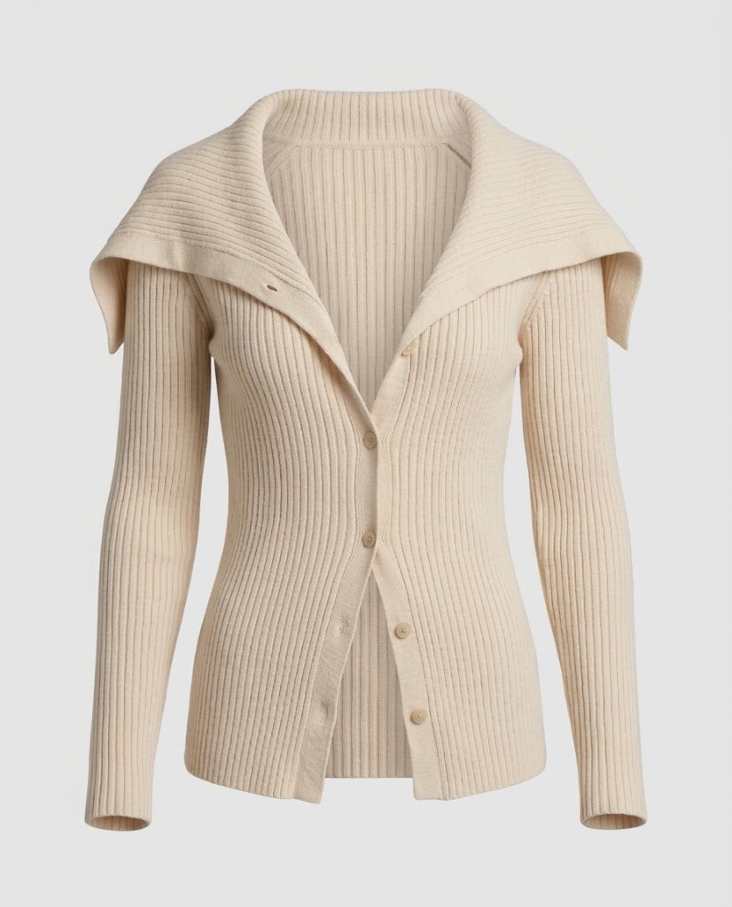 Damen Gerippter Strickcardigan mit umlegbarem Schulterkragen und Knopfleiste Nord Taschen