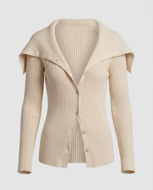 Damen Gerippter Strickcardigan mit umlegbarem Schulterkragen und Knopfleiste Nord Taschen