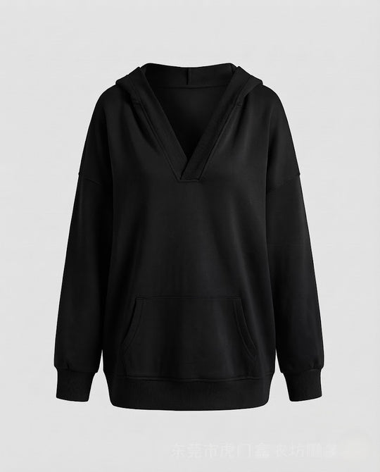 Damen Oversize V-Ausschnitt Sweatshirt mit Kängurutasche und überschnittenen Schultern Nord Taschen