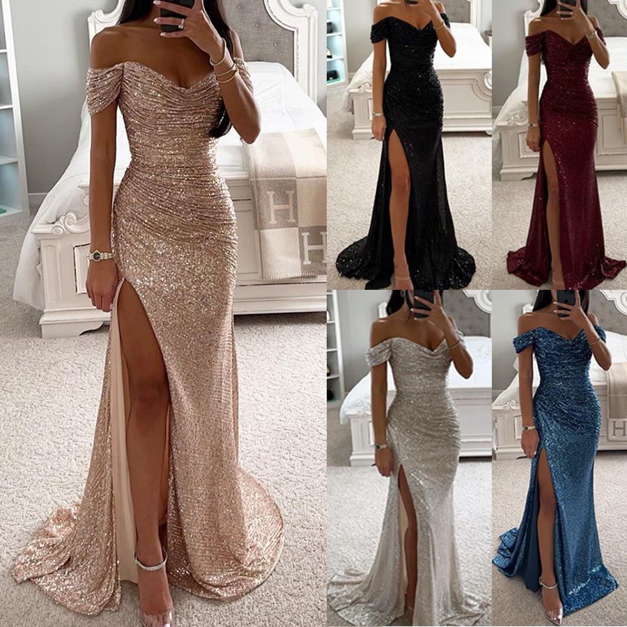 Glitzerndes Damen Abendkleid Schulterfreies Maxikleid mit Schlitz für Hochzeit & Fest | Nord Taschen