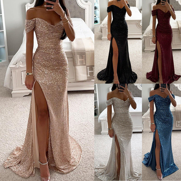 Glitzerndes Damen Abendkleid Schulterfreies Maxikleid mit Schlitz für Hochzeit & Fest | Nord Taschen