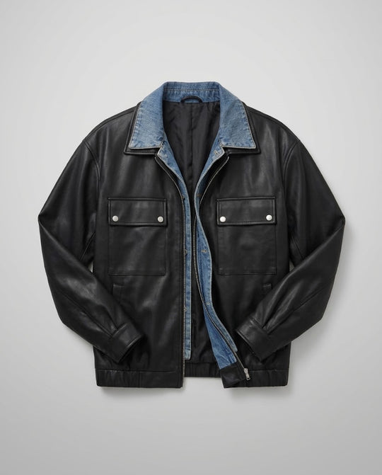Herren Oversized Kunstlederjacke mit Jeans-Innenfutter und aufgesetzten Pattentaschen Nord Taschen