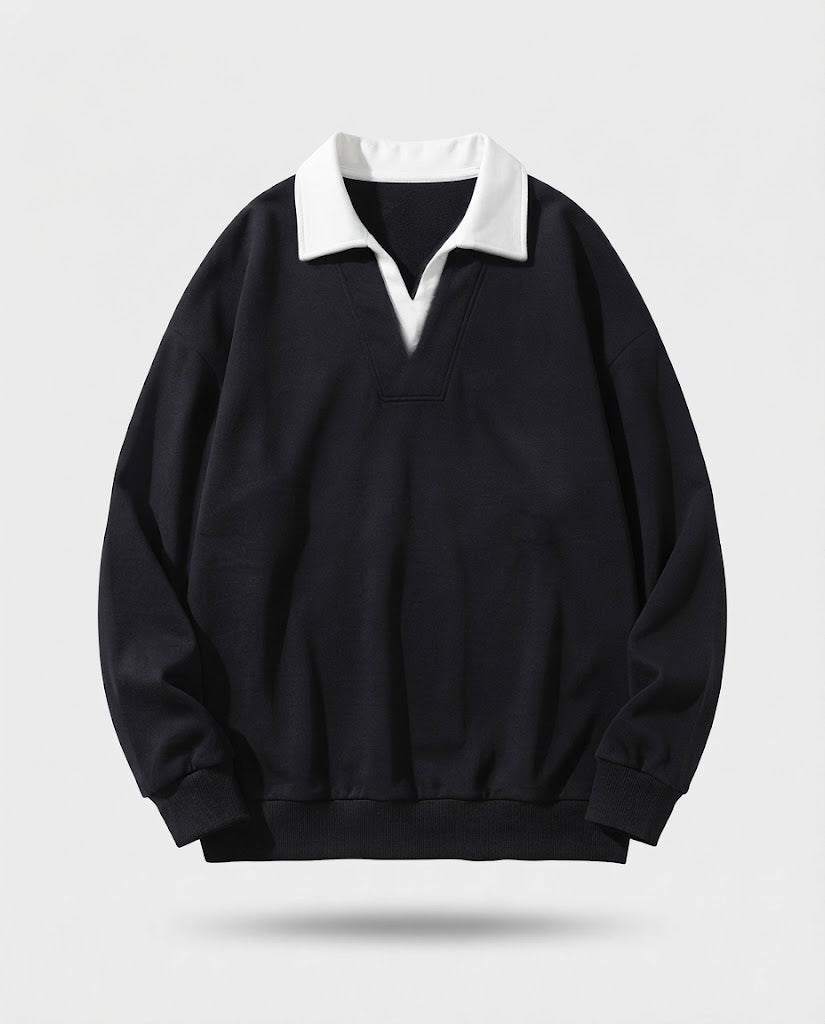 Herren Oversize-Pullover mit kontrastierendem Polokragen und V‑Einsatz Nord Taschen