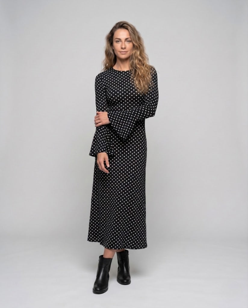 Damen Maxikleid mit taillierter A-Linien‑Silhouette, langen Trompetenärmeln und Pünktchenmuster Nord Taschen