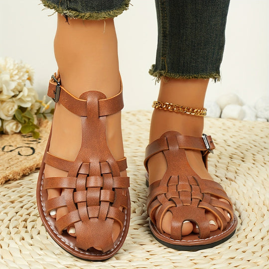 GewNord Taschente Flache Sandalen für Damen Vintage Stil, Geschlossener Zeh, Schnallenverschluss