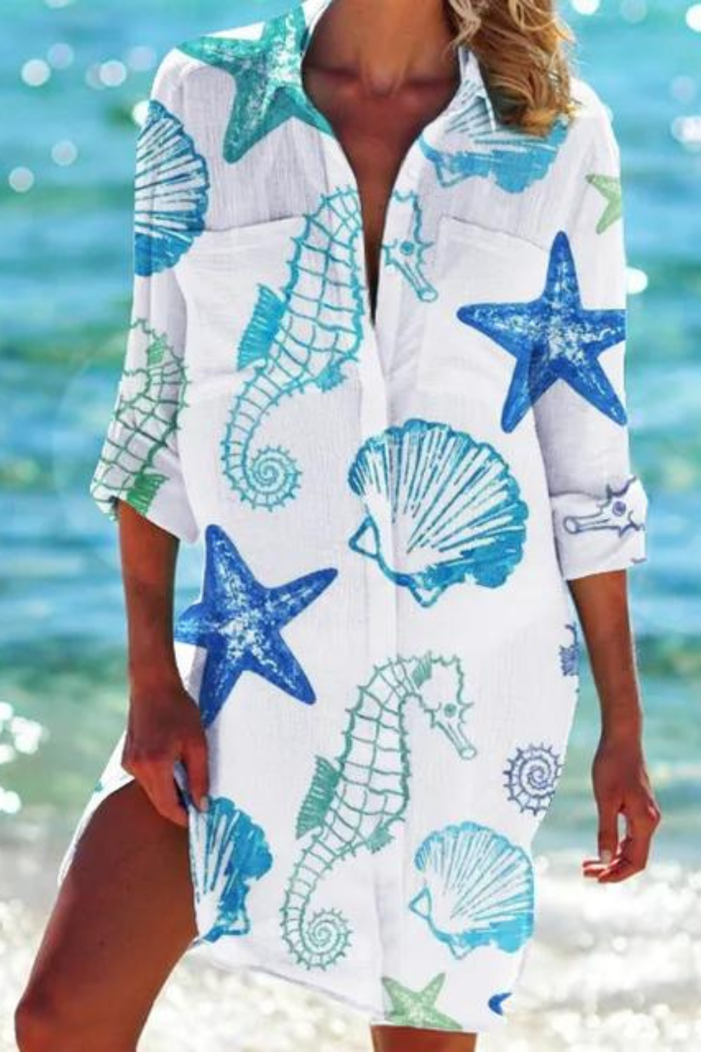 Nord Taschen - Lange Strandbluse mit Meeresmotiv