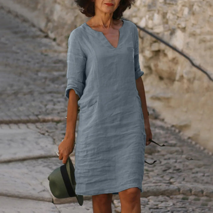 Rona Leinen Shiftkleid mit V-Ausschnitt und Taschen