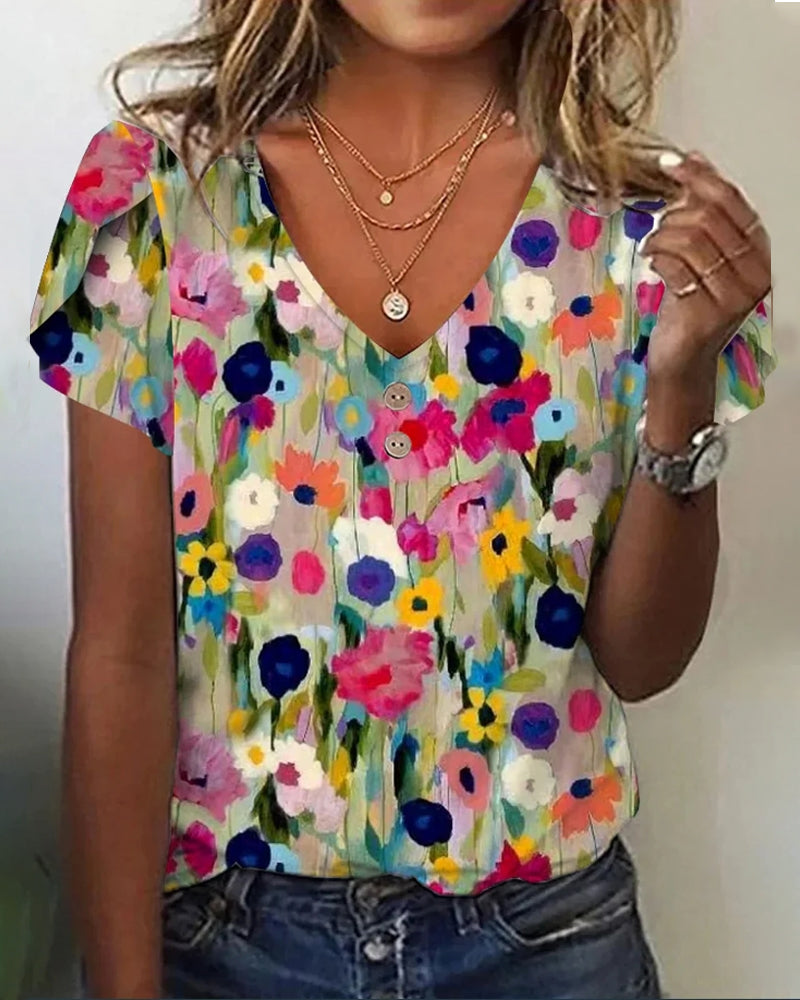 Nord Taschen | Kurzärmlige Farbenfrohe Blumenbluse mit V-Ausschnitt